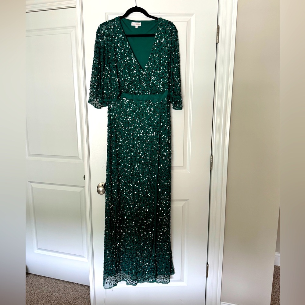 Maya Deluxe Bridesmaid Sequin Wrap Maxi Dress Size 10 Dark Green